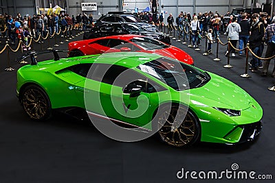 Prague, Czech Republic - April 13th 2019: Green Lamborghini Aventador at Autoshow PVA EXPO Praha Letnany 2019. Illustrative Editorial Stock Photo