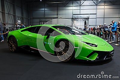 Prague, Czech Republic - April 13th 2019: Green Lamborghini Aventador at Autoshow PVA EXPO Praha Letnany 2019. Illustrative Editorial Stock Photo