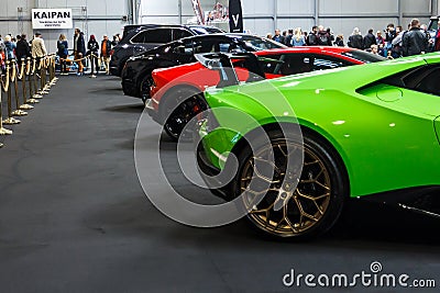 Prague, Czech Republic - April 13th 2019: Green Lamborghini Aventador at Autoshow PVA EXPO Praha Letnany 2019. Illustrative Editorial Stock Photo