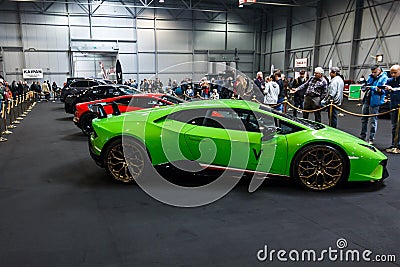 Prague, Czech Republic - April 13th 2019: Green Lamborghini Aventador at Autoshow PVA EXPO Praha Letnany 2019. Illustrative Editorial Stock Photo