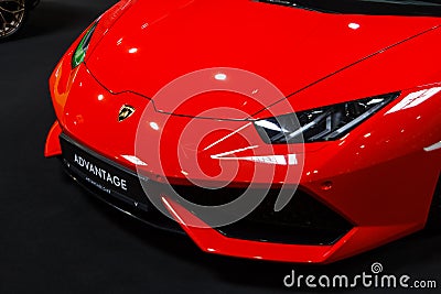 Prague, Czech Republic - April 13th 2019: Red Lamborghini Aventador at Autoshow PVA EXPO Praha Letnany 2019. Illustrative Editorial Stock Photo