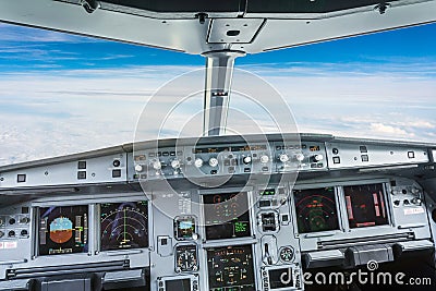 Airplane cockpit inside of civil aircraft Editorial Stock Photo