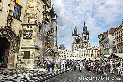 Old town square, town hall with orloy and Tyn Church in Prague Editorial Stock Photo
