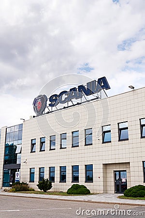 Scania AB Swedish company logo on service dealership headquarters Editorial Stock Photo