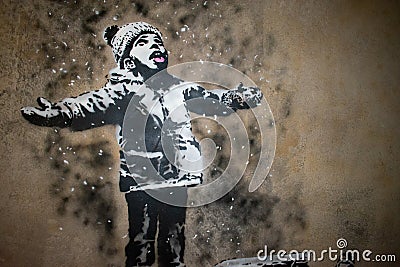 18.1.23 Prague, Czech Republic: Banksy street Art exhibition in Prague, Czech Republic. Editorial Stock Photo