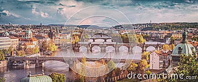 Prague, Czech Republic bridges skyline with historic Charles Bridge and Vltava river. Vintage Stock Photo