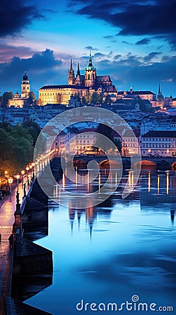 Prague, Czech Republic. Charles Bridge and St. Vitus Cathedral, vertical evening landscape Stock Photo