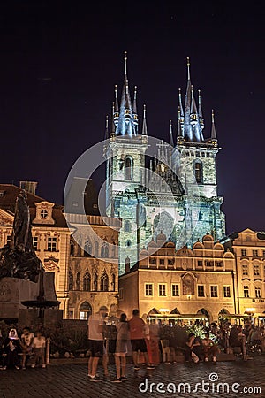 Prague, Czech Republic - 20.08.2018: Church of Our Lady before Tyn at Old Town square in Prague at night Editorial Stock Photo