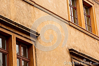 Prague, Czech Republic. 10.05.2019: Close-up view of the facade with windows of old historical buildings in Prague. Photo of Editorial Stock Photo