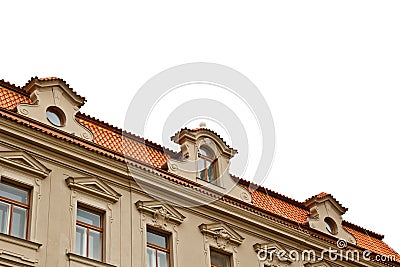 Prague, Czech Republic. 10.05.2019: Close-up view of the facade with windows of old historical buildings in Prague. Photo of Editorial Stock Photo