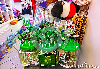 Prague, Czech Republic - December 31, 2017: Cannabies cookies in window shop in Prague, Czech Republic Editorial Stock Photo