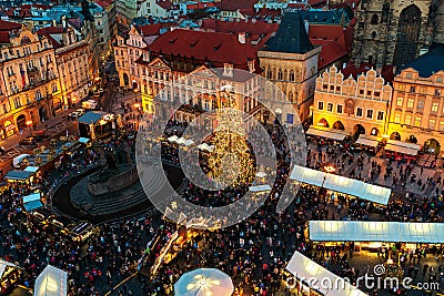 Christmas market in Old Town of Prague as seen from above. Editorial Stock Photo