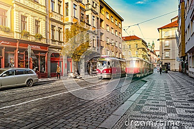 tram on Prague Street cobblestone Editorial Stock Photo