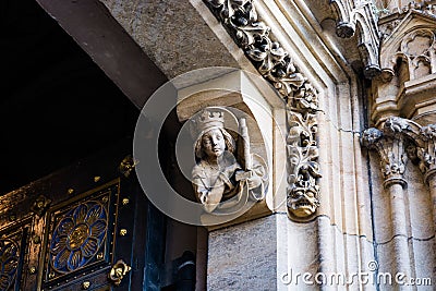 Prague, Czech republic - February 24, 2021. Detail of small sculptures above entrance to the Basilica Minor of Vysehrad Editorial Stock Photo