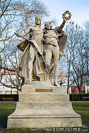 Prague, Czech republic - February 24, 2021. Historic statues of legends in Vysehrad park - Slavoj a Zaboj Editorial Stock Photo