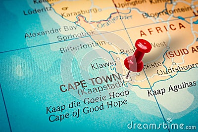 Pushpin pointing at Cape Town city in South Africa Editorial Stock Photo