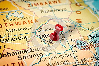 Pushpin pointing at city of Tshwane Metropolitan Municipality Editorial Stock Photo