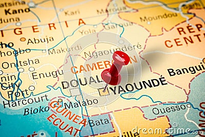 Pushpin pointing at Yaounde city in Cameroon Editorial Stock Photo