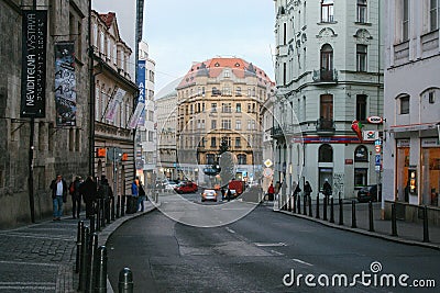 Prague, Czech Republic - January 03 2014: The view on the street of amazing town Prague, Czech Republic Editorial Stock Photo