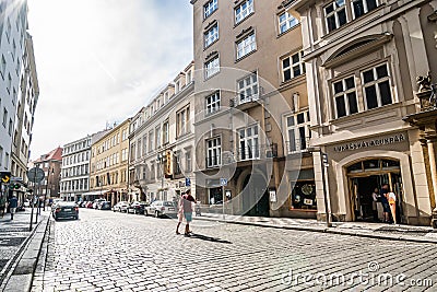 Prague, Czech republic - July 04, 2018. Dlouha street with cobble stones in sunset Editorial Stock Photo