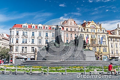 Jan Hus Memorial designed by Ladislav Saloun in Old Town Square Editorial Stock Photo