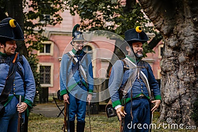 Prague, Czech Republic, 16 July 2023: Soldiers in Invalidovna, military camp reconstruction, Voltigeurs of the 18th Infantry Editorial Stock Photo