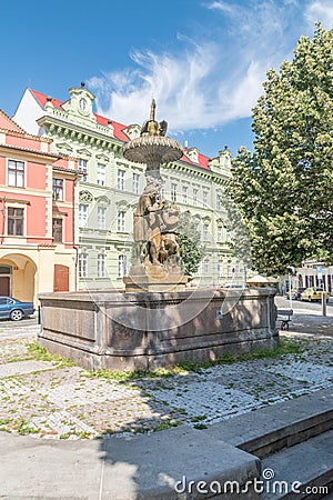 Wimmer`s Fountain Czech: Wimmerova kasna, or Wimmer Fountain. Fountain and sculpture in Old Town Editorial Stock Photo