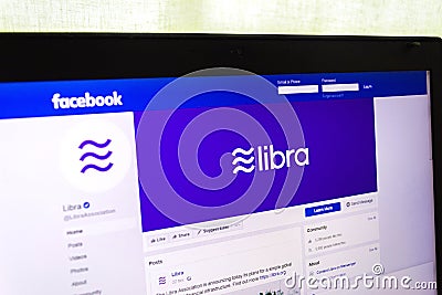 Facebook page of cryptocurrency Libra on notebook screen Editorial Stock Photo