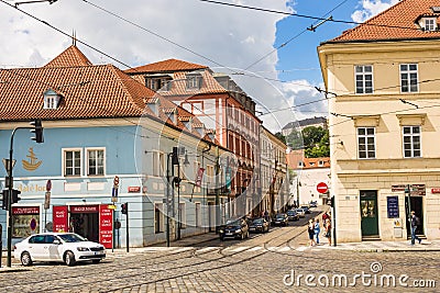 PRAGUE, CZECH REPUBLIC - JUNE 7, 2017: Old Street in Prague at the morning, European travel Editorial Stock Photo