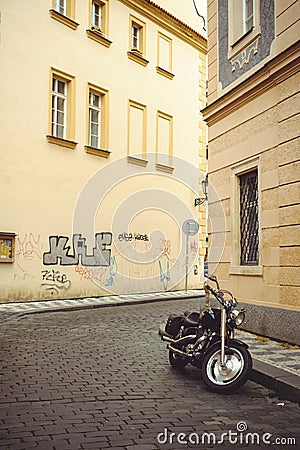 Parked bicycle on the street in Prague, in the evening Editorial Stock Photo