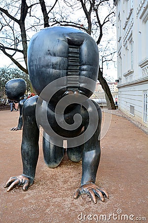 Metal crawling baby sculptures by David Cerny artist in Kampa Island, Prague Editorial Stock Photo