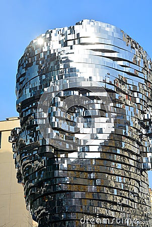 Prague, Czech Republic - March 4, 2024: rotating slices of metal Franz Kafka's head sculpture by David Cerny artist Editorial Stock Photo