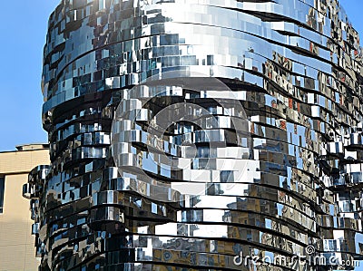 Prague, Czech Republic - March 4, 2024: rotating slices of metal Franz Kafka's head sculpture by David Cerny artist Editorial Stock Photo