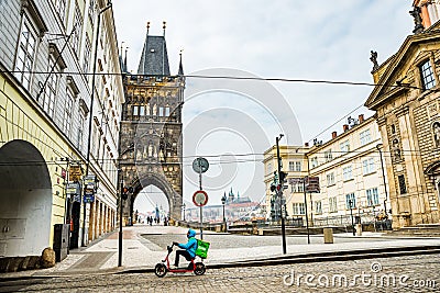 Prague, Czech republic - March 19, 2020. Square Krizovnicke namesti in front of entrance to Charles Bridge without tourists during Editorial Stock Photo