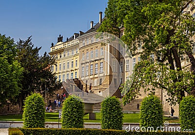 Spring cityscape of Prague with beautiful architecture, green trees and blue sky Editorial Stock Photo