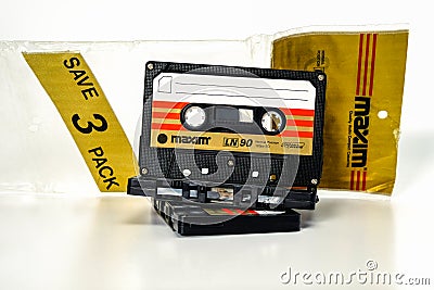 PRAGUE, CZECH REPUBLIC - NOVEMBER 29, 2018: Three audio compact cassette Maxim LN 90. Bad audio cassette on a white background Editorial Stock Photo