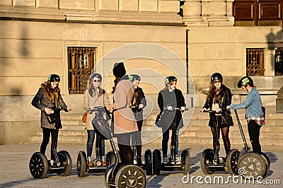 Prague, Czech Republic - October 2015: Group of tourists on Segway scooter tour Editorial Stock Photo