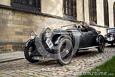 Vintage black British Lagonda car in the streets of Prague, Czechia Editorial Stock Photo