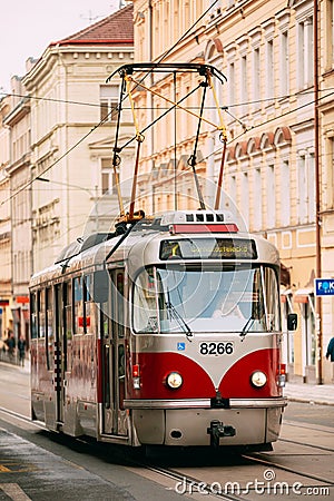 Prague, Czech Republic. Public Old Retro Tram Of Route Number Seven With Female Woman Driver Moving Editorial Stock Photo