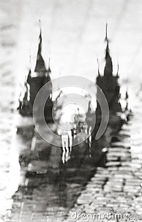Prague, Czech Republic: a reflection in a puddle of the Cathedral. An artistic image. Black and white photo. Stock Photo