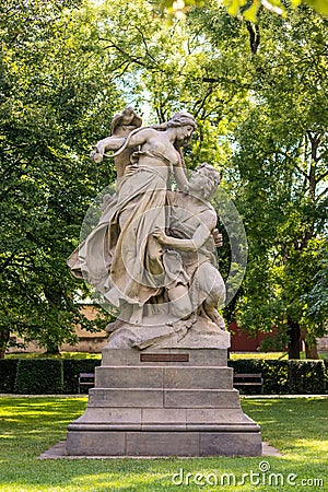 sculpture of slavic mythical figures - statues of Ctirad and Sarka on pedestal in Vysehrad, Prague, Czech republic Editorial Stock Photo