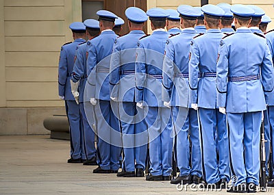 Changing of the guard of Czech soldiers in blue uniform at Prague Castle Editorial Stock Photo