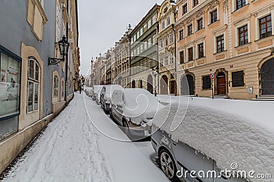 PRAGUE, CZECHIA - FEBRUARY 8, 2021: Winter view of Nerudova street in Prague, Czech Republ Editorial Stock Photo