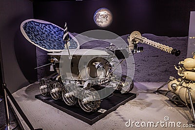 PRAGUE, CZECHIA - JULY 10, 2020: Lunokhod lunar rover at Cosmos Discovery Space Exhibition in Prague, Czech Republ Editorial Stock Photo