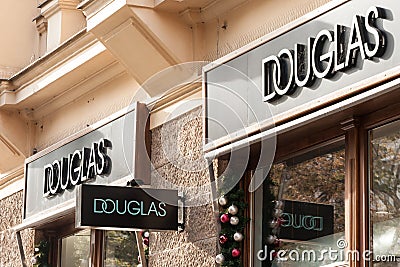 Douglas Cosmetics Logo on their main shop in Prague. Editorial Stock Photo