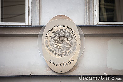 Sign indicating the Mexican embassy of Prague. Editorial Stock Photo
