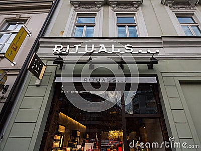 Rituals Cosmetics logo in front of their shop for Prague. Editorial Stock Photo
