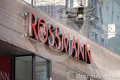 Rossmann logo in front of their main shop for Prague. Editorial Stock Photo
