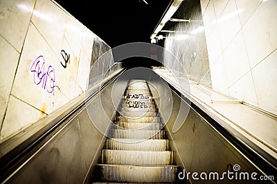 PRAGUE - DECEMBER 07: electric stairs at the subway exit, 2016 i Editorial Stock Photo