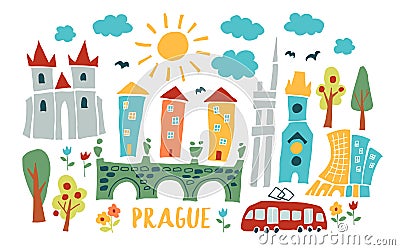 Prague doodle illustration. Prague, Czech doodle drawing. Modern style Prague city illustration. Hand sketched poster Vector Illustration